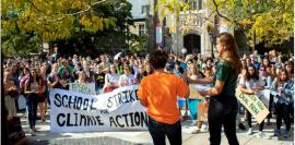 Cornell students in front of Willard Straight Hall participate in a worldwide Climate Strike on Sept. 20. Photo by Jason Koski