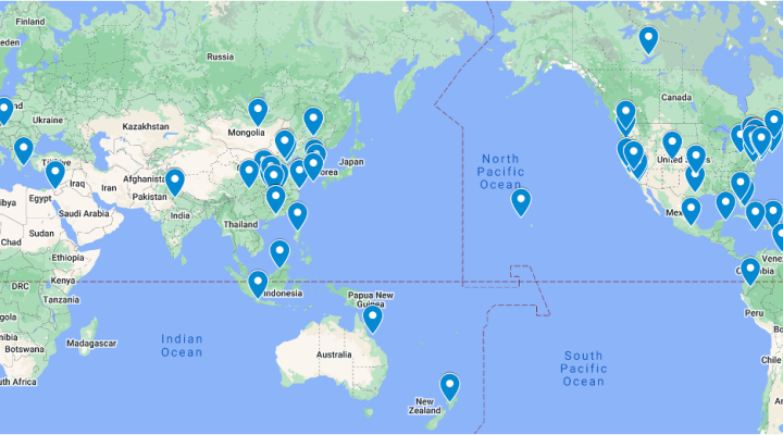 World map showing various locations of previous students in the Earth in the News class