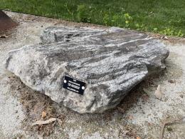 Large flat dark and grey patterned rock with a black tag attached.