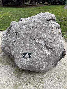 Large rounded grey rock with a black tag attached.