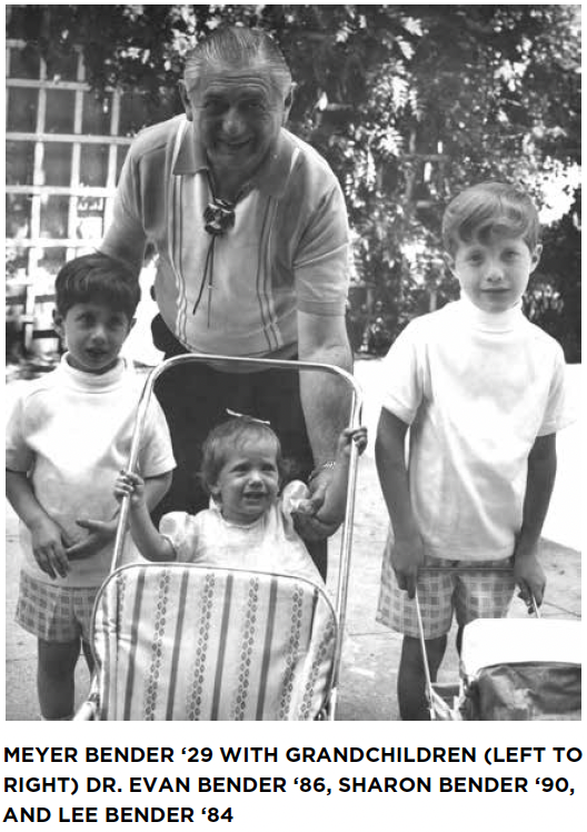 An older man in the background with three young children in front of him. The older man is Meyer Bender and the three children are his grandchildren Evan, Sharon, and Lee.