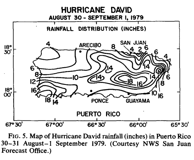 black and white map showing rainfall totals for Puerto Rico after Hurricane David passed near the island in September 1979