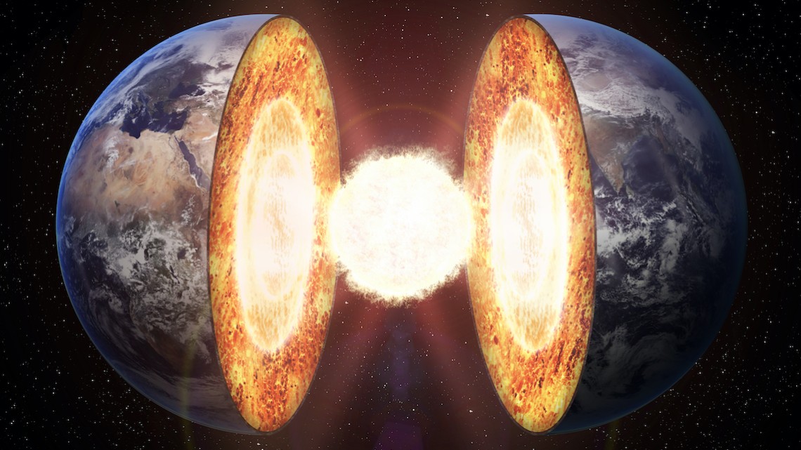 Illustration of Earth split in two top to bottom with core glowing